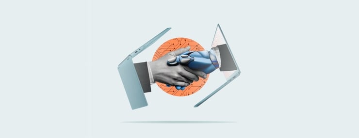 A human hand and a Artificial Intelligence hand coming out of laptops and shaking hands