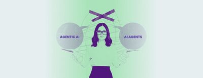 A woman holding two speech bubbles labeled AI Agent and Agentic AI, symbolizing choice