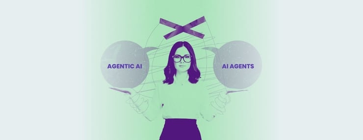 A woman holding two speech bubbles labeled AI Agent and Agentic AI, symbolizing choice